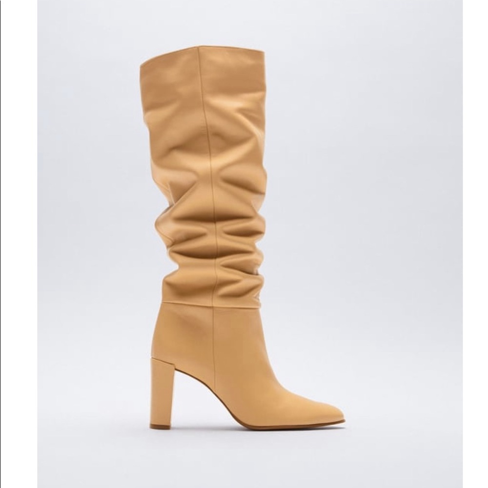 Zara Boots - High Shaft Heeled Leather Boots | Beige | Size 8